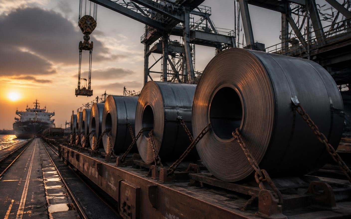 Steel coils secured for shipment at an industrial port