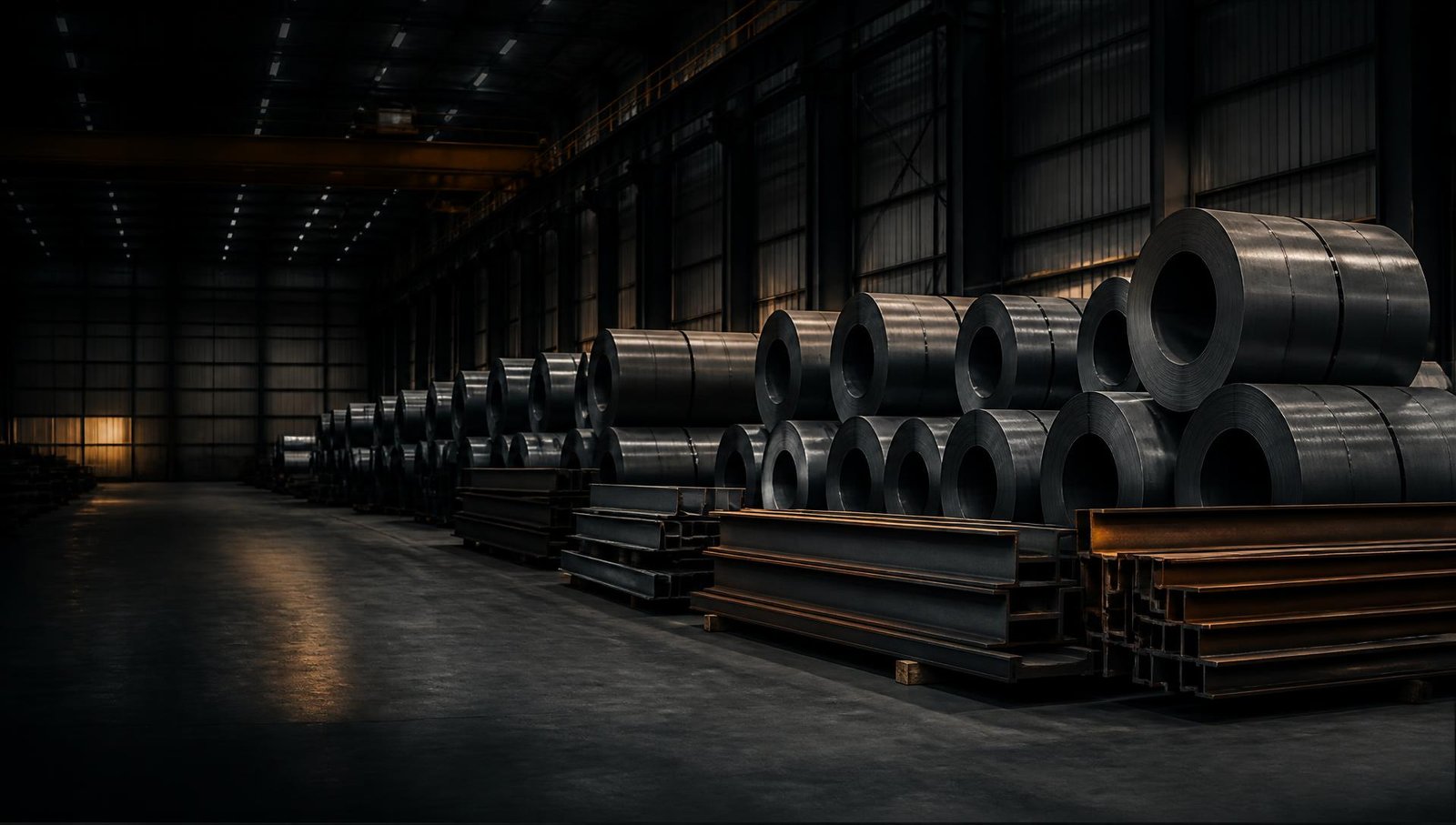 Steel coils and structural sections in a warehouse