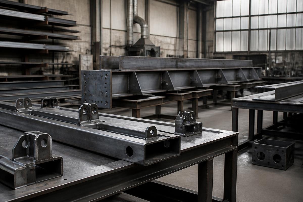 Steel fabrication workshop with structural components